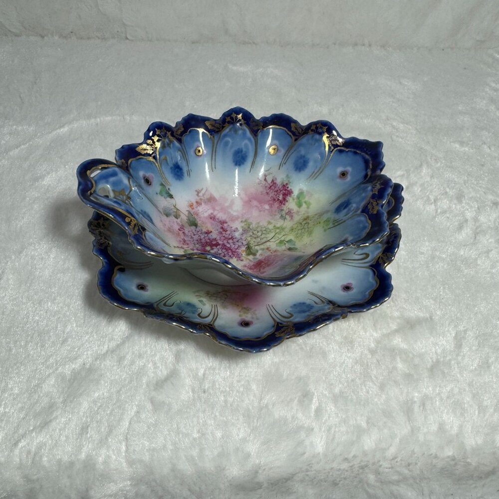 Antique Porcelain Bowl & Plate Set With Floral Design & Gold Accents 2 pc set